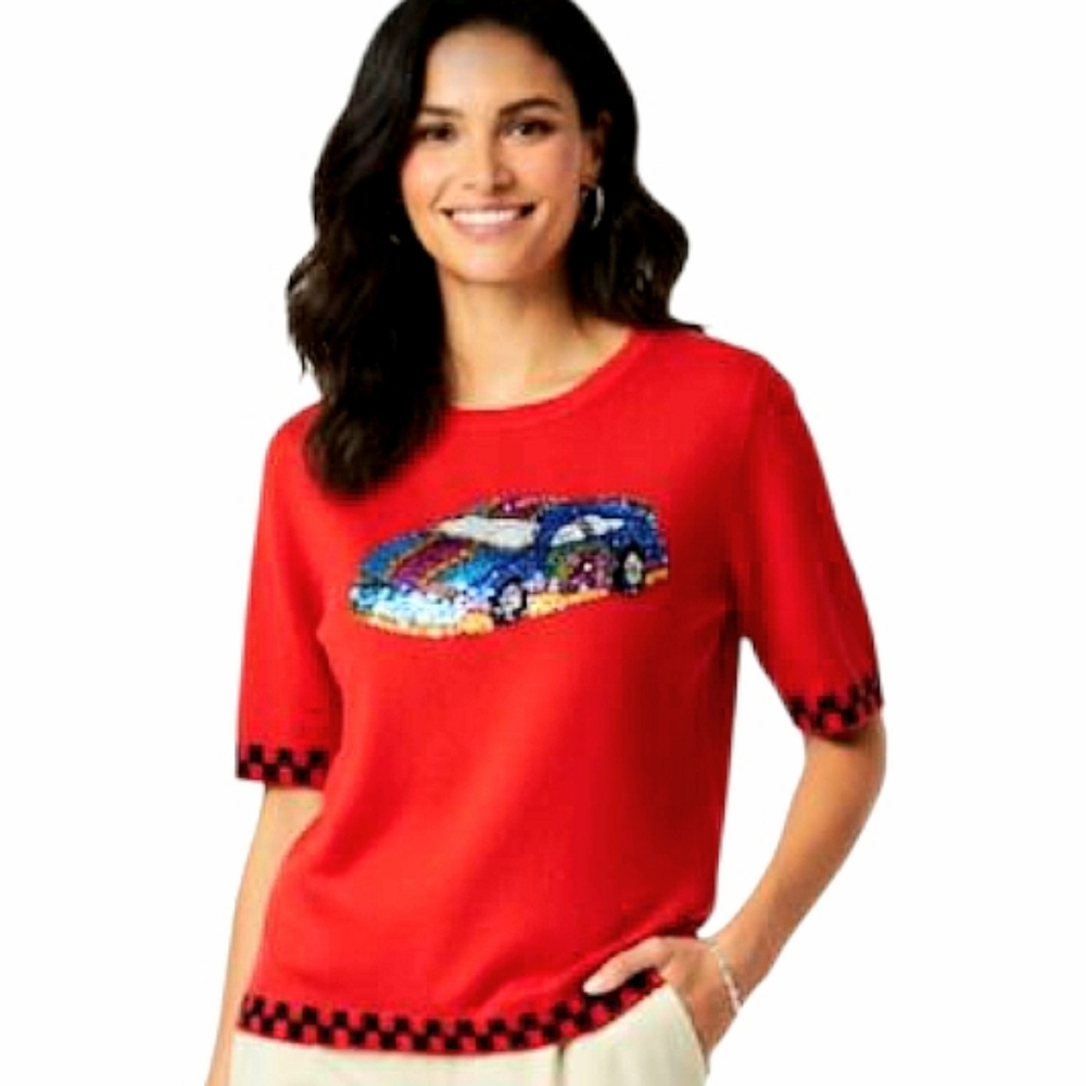 Michael Simon Event Beaded Race Car Sweater Short Sleeve Red Knit Top Medium